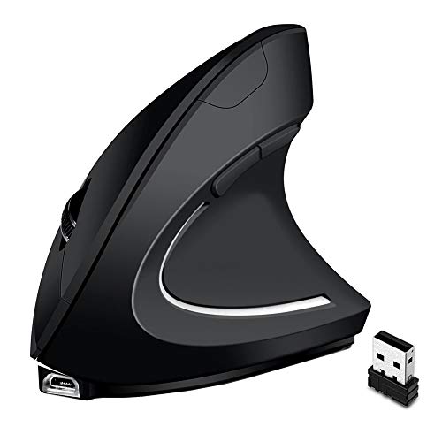 Deofde Mouse Verticale Ergonomico Ottico Ricaricabile Wireless USB 2.4G, 800/1200/1600 DPI, 5 Pulsanti, Adatto per Laptop/Desktop/MacBook - Nero