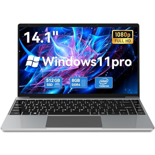 Gezoon PC Portatile, 14.1 Pollici Win 11 Pro 8GB LPDDR4 512G SSD Laptop, Celeron N4020C Fino a 2,8GHz Notebook, FHD 1920x1080, WiFi a doppia banda 2.4G/5G, BT4.2, 4K Video, Type-C, 7.6V/5000mAH